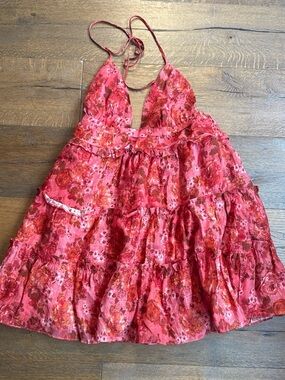 ' Red Floral Tiered Sundress with halter Spaghetti Strap. Lined, lined, side zip